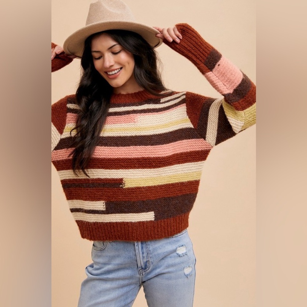 Annie Wear Color Block Round Neck Long Sleeve Sweater